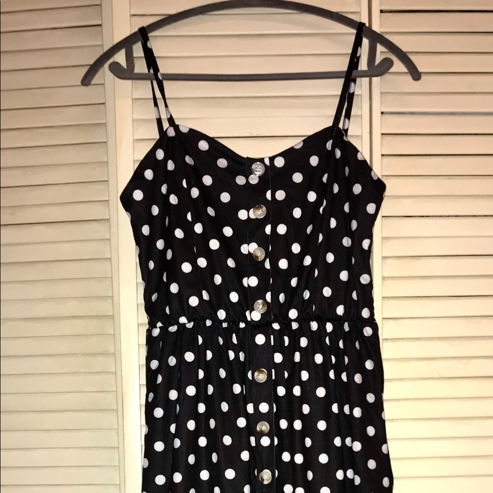 Blue dress with white polka dots